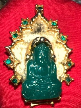 Vintage Green Glass Jade Buddha Brooch with Green Rhinestones & Gold-Tone Halo